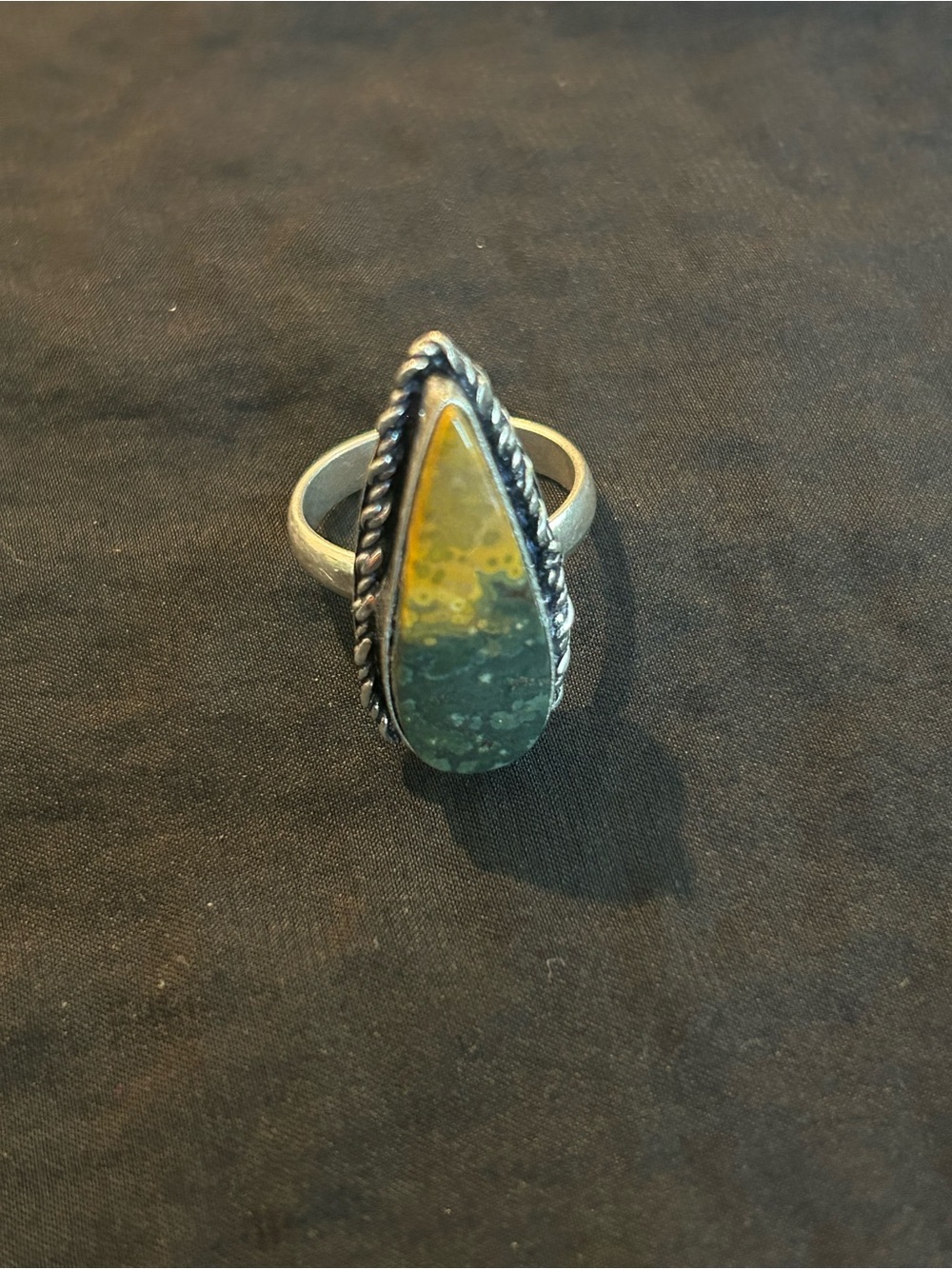 Sterling Silver Teardrop Green & Yellow Jasper Ring